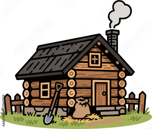 Rustic Log Cabin with Black Roof, Smoking Chimney, Wooden Fence, Shovel, Hay Bale, and Sack – Cozy Farmhouse
