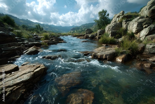 Mountain river flows through rocky terrain under cloudy sky in high-resolution detail.