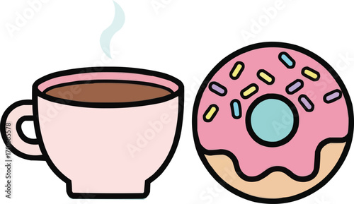 Flat Vector Coffee Cup with Donut Minimal Breakfast Illustration