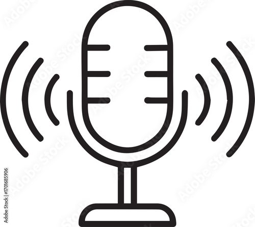 Audio Recording Microphone Icon: A sleek, modern illustration depicts a classic microphone emitting sound waves, ideal for podcasts, music production, and broadcasting.