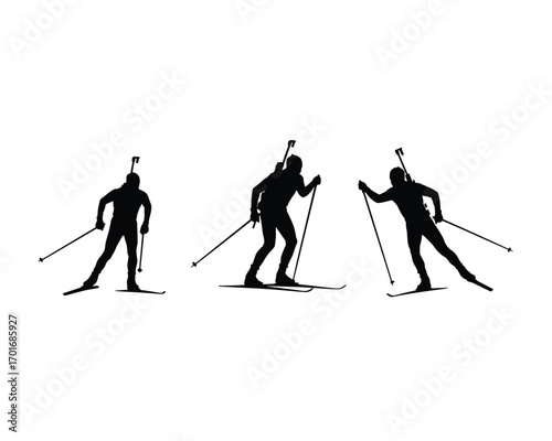 Silhouettes of three biathlon athletes in action on skis with rifles during a winter sport competition