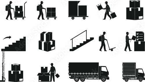 Silhouette courier workers delivering packages, handling boxes, moving goods with trolleys, trucks, and stairs, logistics and shipping service vector illustration