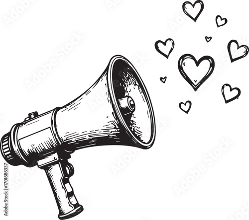 Loudspeaker of Love: A meticulously hand-drawn illustration shows a vintage megaphone emitting a stream of delicate hearts, evoking the message of love and care.