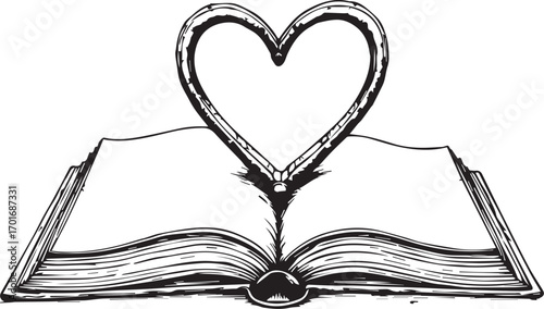 Open Book of Love: An open book with a heart symbol, illustrating the passion and emotional depth found within the pages, perfect for literary or romantic themes.