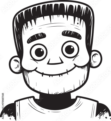 Frankenstein's Animated Portrait: A charming cartoon illustration of Frankenstein's monster, capturing the iconic features in a friendly, monochromatic style.