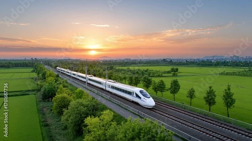 High-Speed Train Journey: A sleek high-speed train glides effortlessly through a picturesque landscape, its streamlined form mirroring the setting sun's fiery glow as it embarks on a journey.