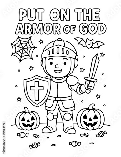 christian halloween vector illustration coloring page for kids with child dressed as knight holding sword and shield with cross pumpkins candies bats spiderweb and text put on the armor of god