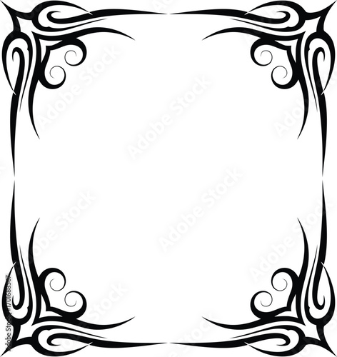 Stylish black and white tribal frame vector illustration, a modern abstract decorative corner border with elegant swirling shapes, perfect for invitations, logos, and unique design projects.