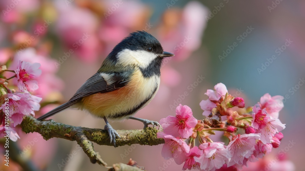 Obraz premium Great Tit Bird Perched on Blossoming Cherry Tree Branch in Springtime, Featuring Delicate Pink Flowers