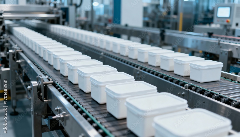 Fototapeta premium Automated Conveyor System Transporting Rows of White Containers in a Modern Food Processing Plant