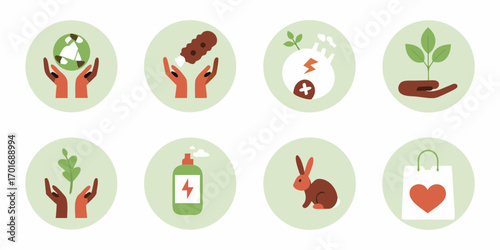 Collection of flat icons representing environmental protection sustainability and nature conservation concepts