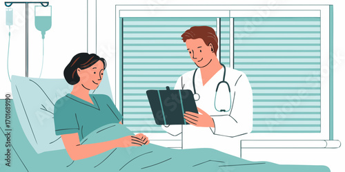 Doctor wearing a stethoscope and white coat consults with a female patient in a hospital bed holding a tablet