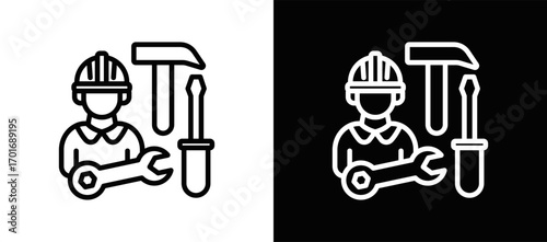 Contractor Icon In Black And White Filled Style