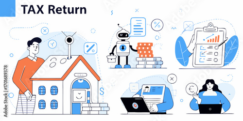 Modern flat illustration of tax return process with people and robot assisting with financial planning and accounting tasks