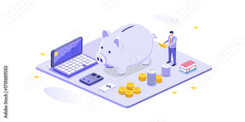 Man saving money in piggy bank with laptop coins and calculator isometric illustration