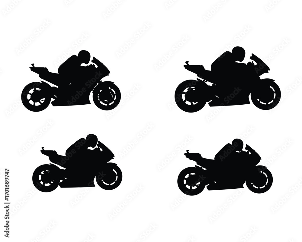 Obraz premium Dynamic silhouettes of sportbike motorcycles with riders in motion capturing speed and agility on a white background