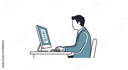 Illustration of a businessman working on a computer at his desk in the office workspace
