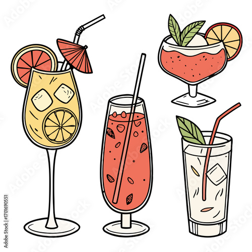 two glasses of cocktails and fruits