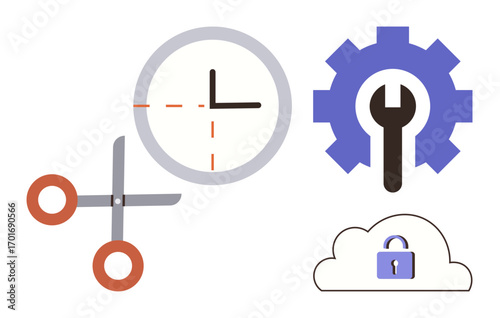 Scissors cutting clock, gear with wrench, and cloud with lock. Ideal for time management, security, productivity, project management, tools, cloud computing simple flat metaphor