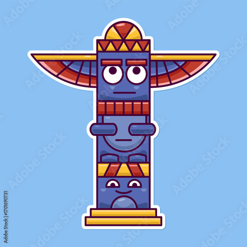 Cute Totem Pole With Cute Face Cartoon Vector Icon Illustration, Native American Cultural Symbol Concept Isolated Premium Vector. Flat Cartoon Style