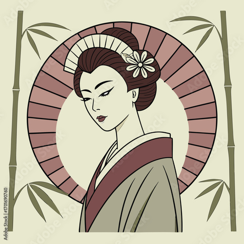 Vector art of traditional japanese geisha with fan and bamboo, elegant portrait in vintage art style