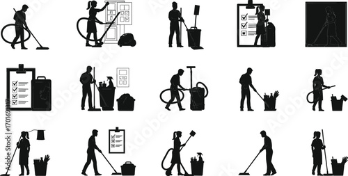 Professional cleaning service vector illustration set with janitors, vacuum cleaners, mops, cleaning checklist, hygiene equipment, housekeeping tools, and maintenance.