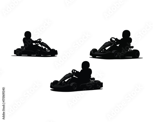 Three silhouettes of go kart racers in action on a white background representing speed and competition