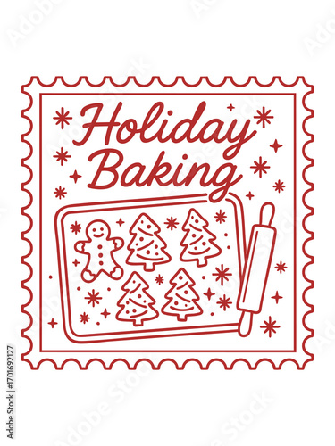 christmas stamp vector illustration of holiday baking scene with tray of christmas cookies gingerbread man rolling pin and snowflakes festive lettering concept of seasonal greeting card
