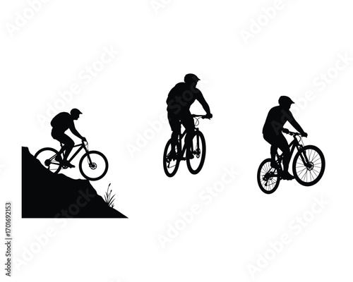 Silhouettes of three mountain bikers riding bicycles against a bright white sky one in mid air jump