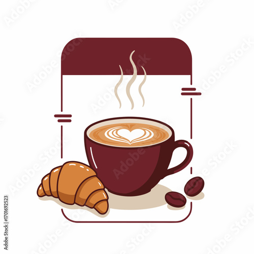 A steaming cup of coffee with latte art, a croissant, and coffee beans, presented in a stylized frame.