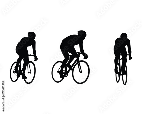 Three silhouettes of cyclists in motion on bicycles against a white background illustrating speed and athleticism