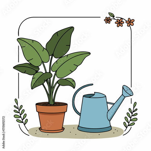 A potted plant with large green leaves sits next to a blue watering can, framed by decorative branches and flowers.