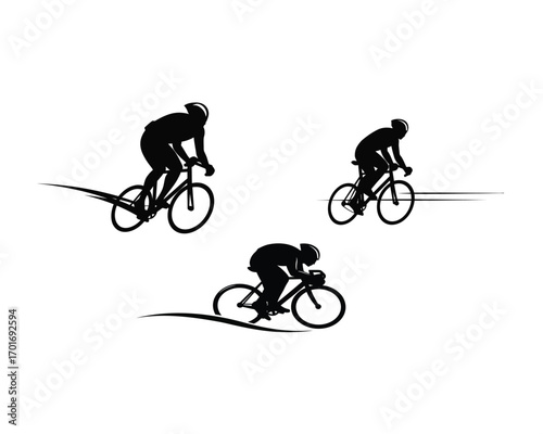 Dynamic silhouettes of three cyclists in motion showcasing speed and athleticism on white background
