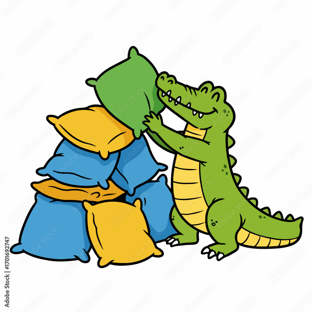 Obraz premium A happy cartoon alligator stacking colorful pillows into a large pile.