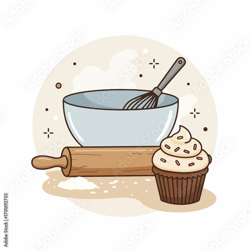 A charming illustration of baking ingredients and tools, featuring a cupcake, a rolling pin, and a mixing bowl with a whisk.
