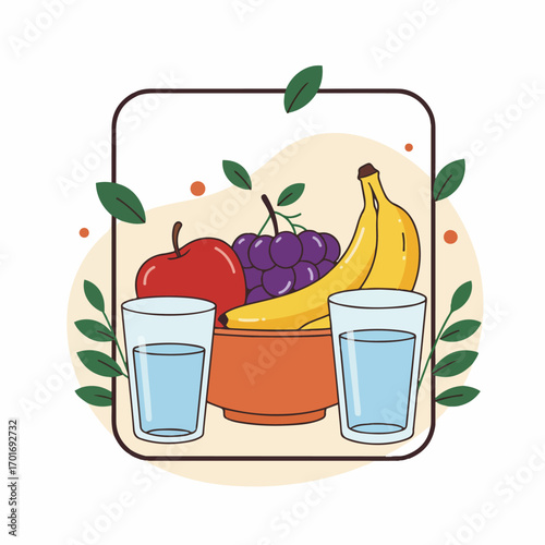 A vibrant illustration of a healthy assortment of fruits including an apple, grapes, and bananas, accompanied by two glasses of water.