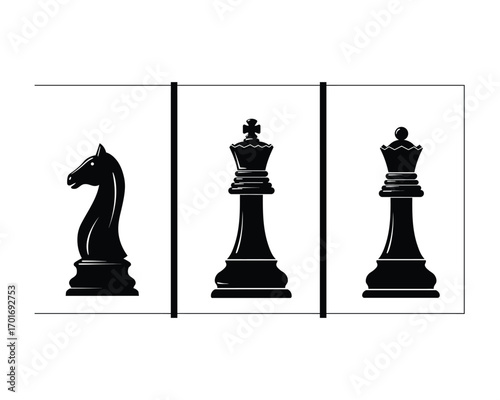Silhouette of a black chess knight king and queen pieces arranged in a vertical composition on a white background