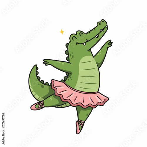 A cheerful green alligator wearing a pink tutu and ballet slippers, striking a graceful pose with one leg extended.
