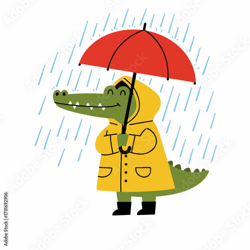 A happy cartoon alligator wearing a yellow raincoat and holding a red umbrella in the rain.