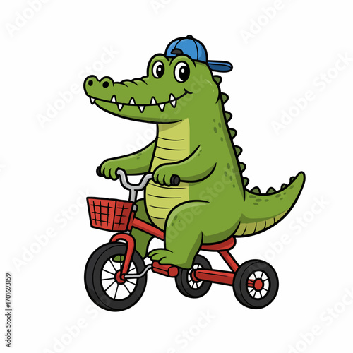 A cartoon green alligator wearing a blue baseball cap rides a red tricycle with a basket on the front.