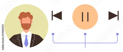 Circular portrait of a man next to media playback buttons including play, rewind, and forward icons connected by a line. Ideal for music, podcasts, user interface, playback, streaming, entertainment