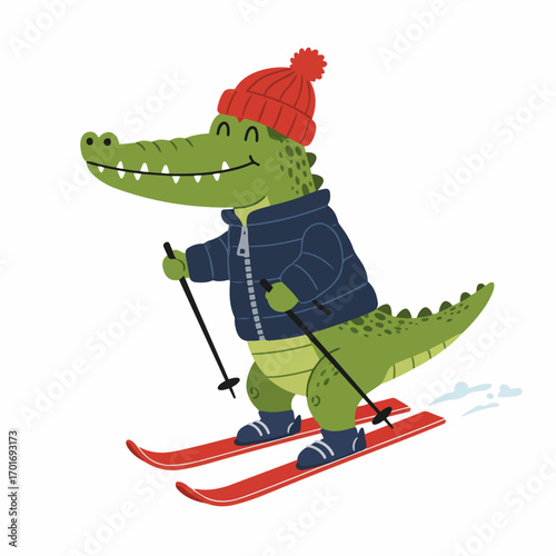 A happy cartoon alligator dressed in winter clothes, wearing a red hat and a blue jacket, skiing down a snowy slope with ski poles.