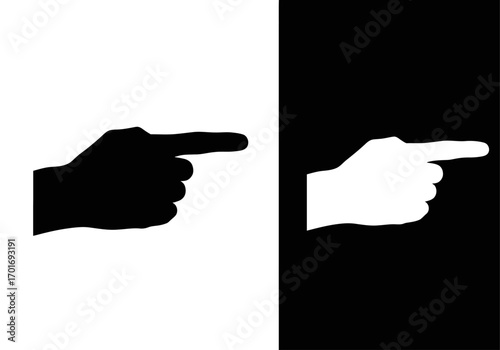 Pointing Hands: A stark and striking display of contrasting hands, one black on a white background and the other white on black, each emphatically pointing to the right.