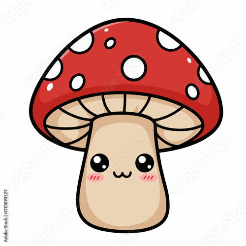 A cute cartoon illustration of a red mushroom with white spots and a smiling face.