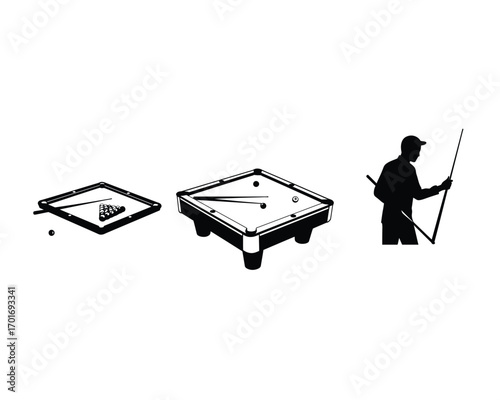 Silhouette of a person playing pool with a pool table and balls arranged in a triangular rack for a game of billiards
