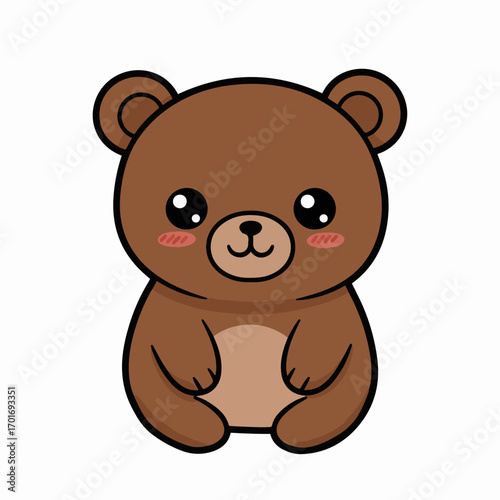A cute, cartoon brown bear with big, sparkling eyes and rosy cheeks, sitting and looking forward.