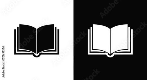 Book Icon: This captivating image showcases two open book icons, one in stark black against a pristine background and the other in pristine background against stark black. Perfect for design element.
