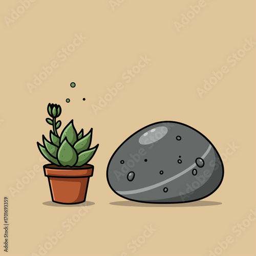 A small potted succulent plant with a budding flower stands next to a smooth, dark gray rock on a plain background.