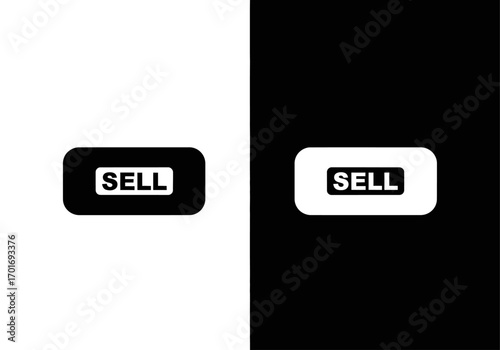 Sell Icon: A stark monochrome composition features a rectangular button bearing the word SELL, presented in both positive and negative space, visually representing choices.