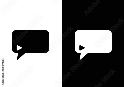 Communication Bubbles: Two minimalist communication bubbles, one black on white, the other white on black, symbolizing dialogue and exchange of information.
